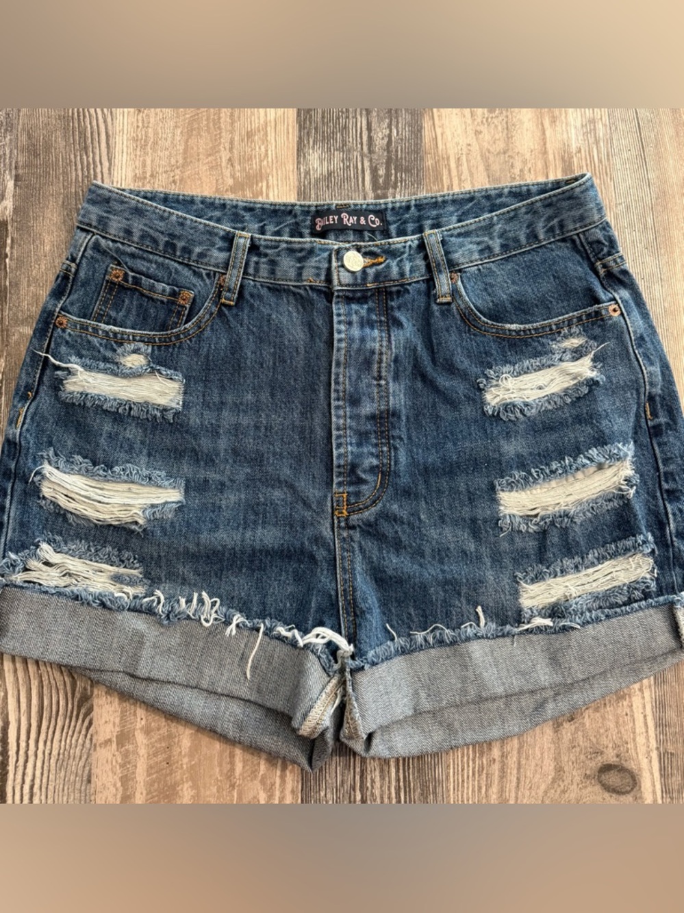 . Bailey Ray & Co Dark Wash Distressed High Waist Button Up Denim Shorts 14/31 - Picture 3 of 14